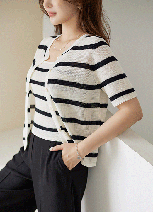 [SET] Stripe Knit Cami Top & Cardigan 