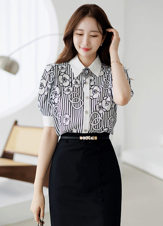 Silky Contrast Trim Striped Floral Blouse