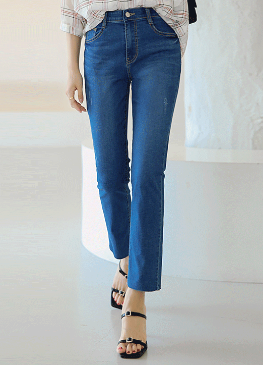 Elastic Waist Damaged Slim Straight Jeans