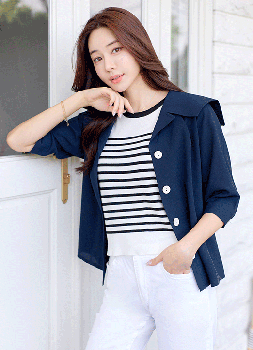 Linen-Like Sailor Collared Bold Button Point Jacket