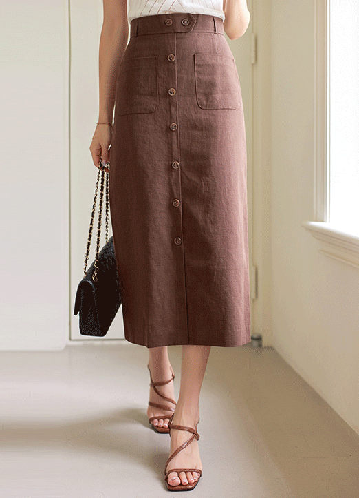 Linen 100  Pocket Detail Long Back Slit H-Line Skirt