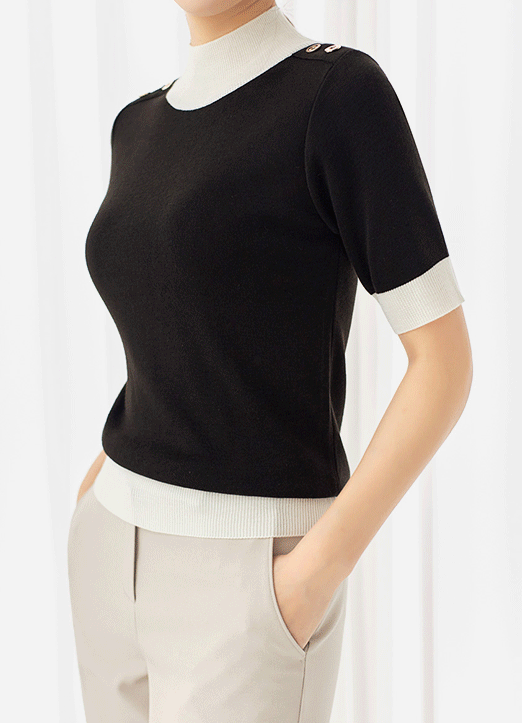 Contrast Trim Mock-Neck Button Shoulder Slim Knit Top