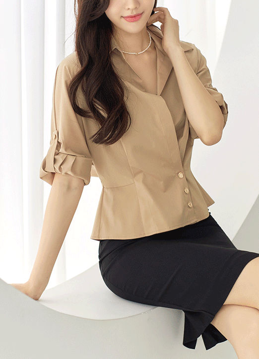 [Louis Angel] Roll-Up Sleeve Shirred Back Wrap Blouse