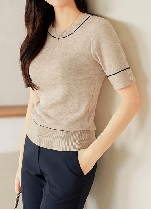 (4 Colors) Contrast Line Round Neck Button- Half Sleeve Knit Top