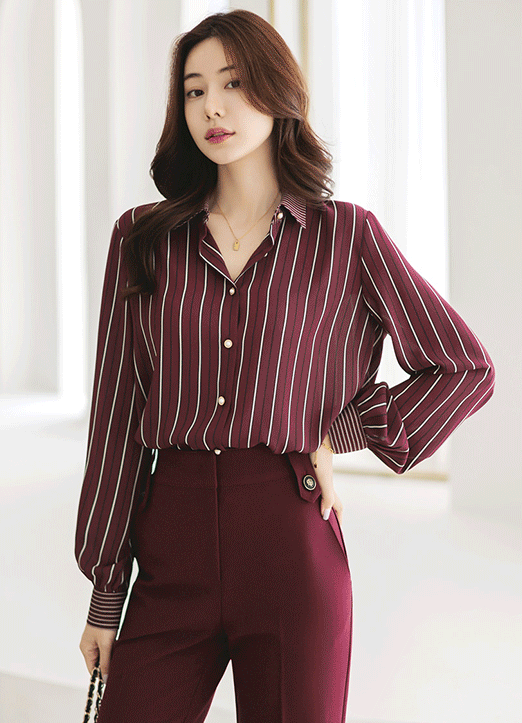 [Louis Angel] Contrast Stripe Collared Stripe Chiffon Shirt