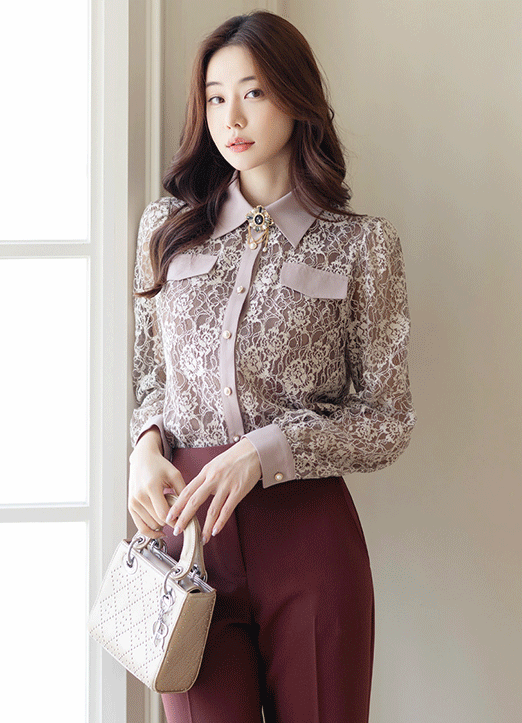 [Louis Angel] Contrast Trim Collared Two-Tone Floral Lace Blouse