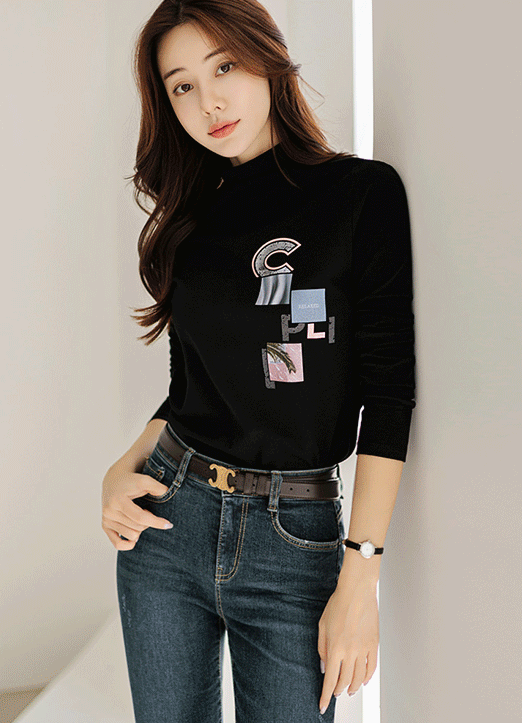 [Louis Angel] Mock Neck Colorful Lettering Graphic Top