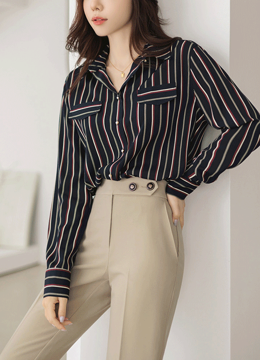 [LouisAngel] Multi-Color Striped Fake Pocket Flap Shirts