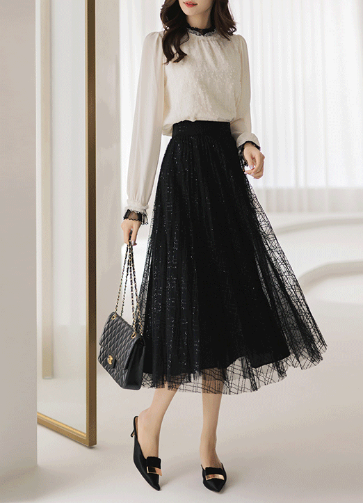 [LouisAngel] Elastic Back Waist Check Pattern Sequinned Tulle Skirt