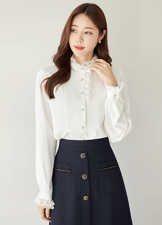 [LouisAngel] Lace Frilled Edge Pearl Button Blouse