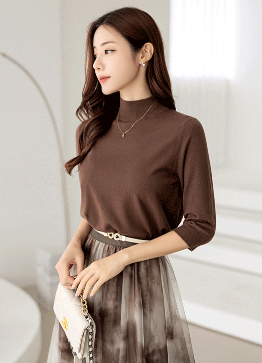 (15 Colors) Soft Touch Mock-Neck Half Sleeve Knit Top