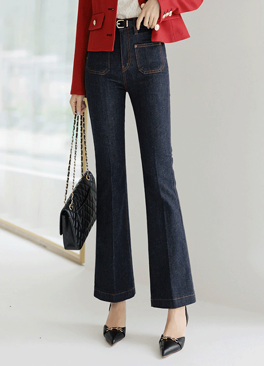 Mid Rise Patch Pocket Raw Boot-Cut Jeans