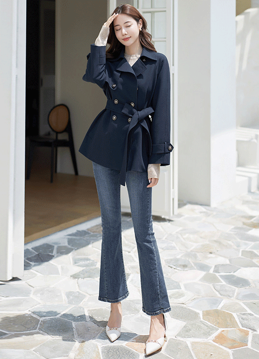 [LouisAngel] Classic Double Breasted Belted Short Trench Coat