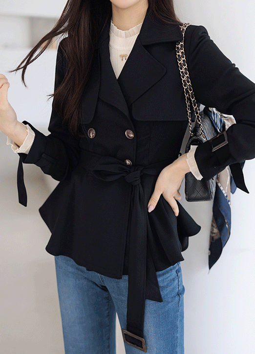 Double Breasted Self-Belted Flared Hem Short Trench Jackegt