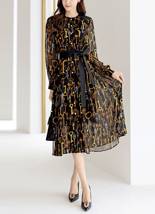[LouisAngel] Ethnic Gold & Silver Key Print Chiffon Dress w/ Black Sash