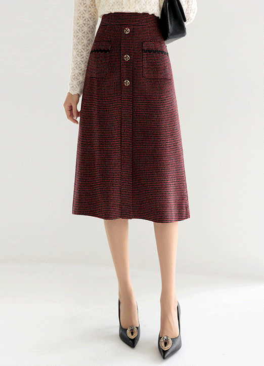 [LouisAngel] Jewel Button Check Tweed A-Line Skirt