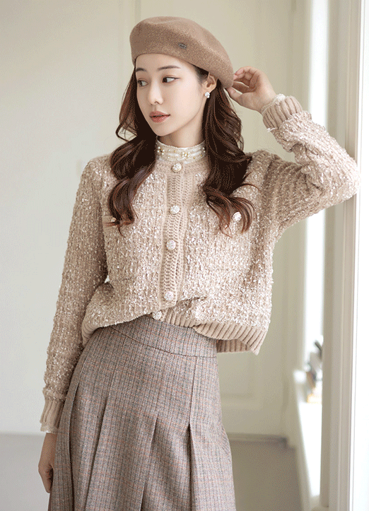 Embellished Button Tweed Texture Knit Cardigan