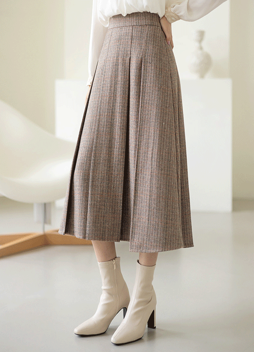 [LouisAngel] Wool Blended Front Long Slit Herringbone Pleats Skirt