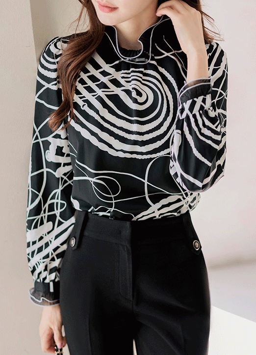 Curly Pleated Lace Trim Abstract Print Blouse