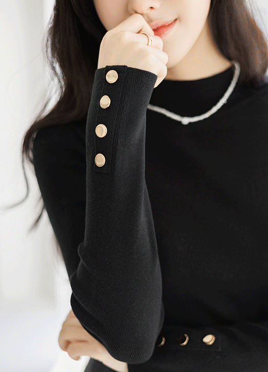 (4 Colors) Gold Button Sleeve Mock Neck Knit Top