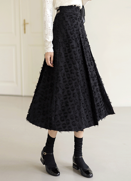 [LouisAngel] Elastic Waist Back Side Slit Allover Fringe Detail Skirt