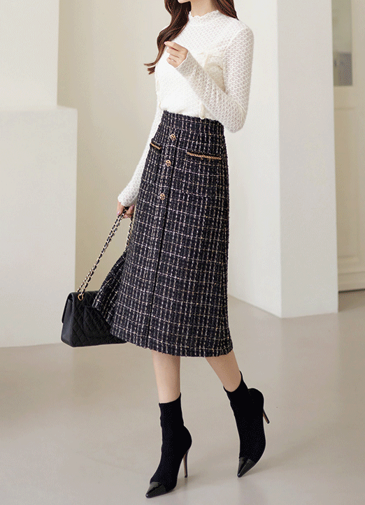 [LouisAngel] Chain Trimmed Pocket Plaid Tweed A-Line Skirt