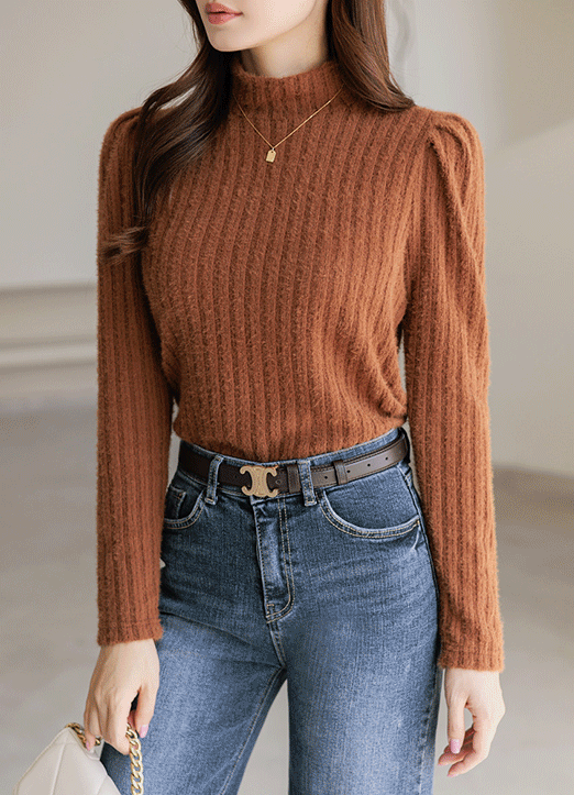 [LouisAngel] Mock Neck Puff Sleeve Fuzzy Ribbed Top