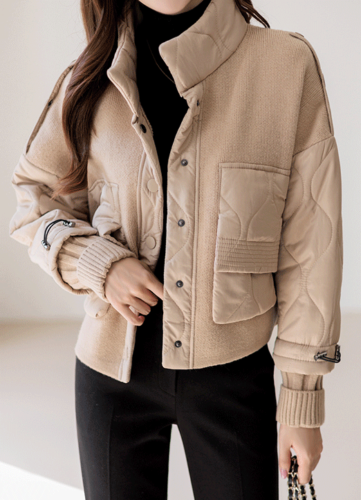 Mixed Media Ribbed Edge High Neck Quilted Jacket 