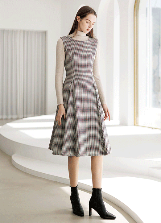 [The Onme] Self-Belted Sleeveless Houndstooth A-Line Dress