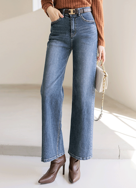 Elastic Waist Basic Semi-Wide Jeans