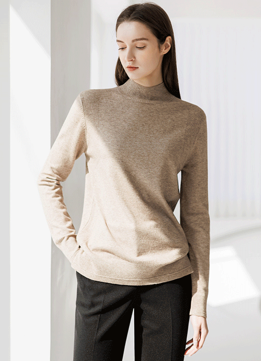 [The Onme] Ribbed Edge Side Slit Mock Neck Knit Top