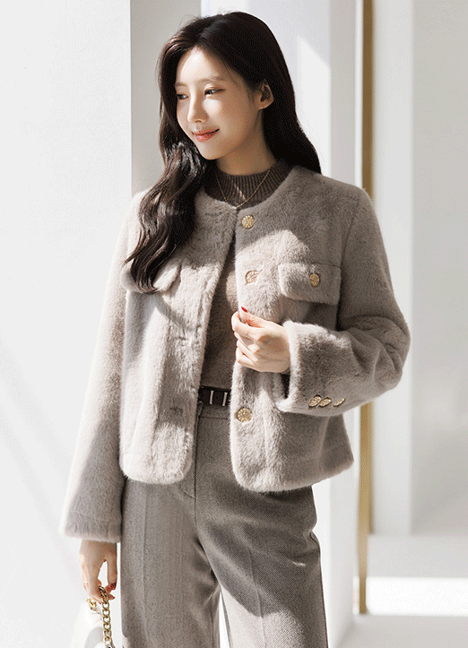 Gold Button Collarless Faux Fur Jacket