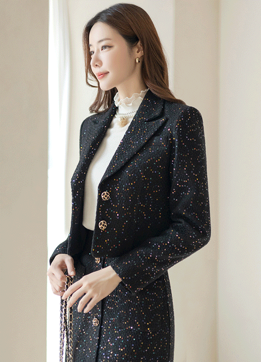 [LouisAngel] Jewel Button Multi Colored Sequin Semi Cropped Jacket