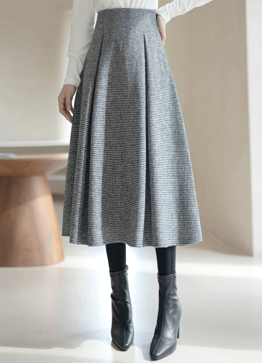 [Louis Angel] Wool Blend Houndstooth Pintuck Pleats Flare Skirt
