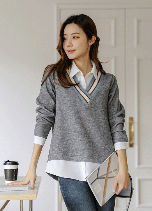 [LouisAngel]Shirt Layered Look Striped V-Neck Knit Top