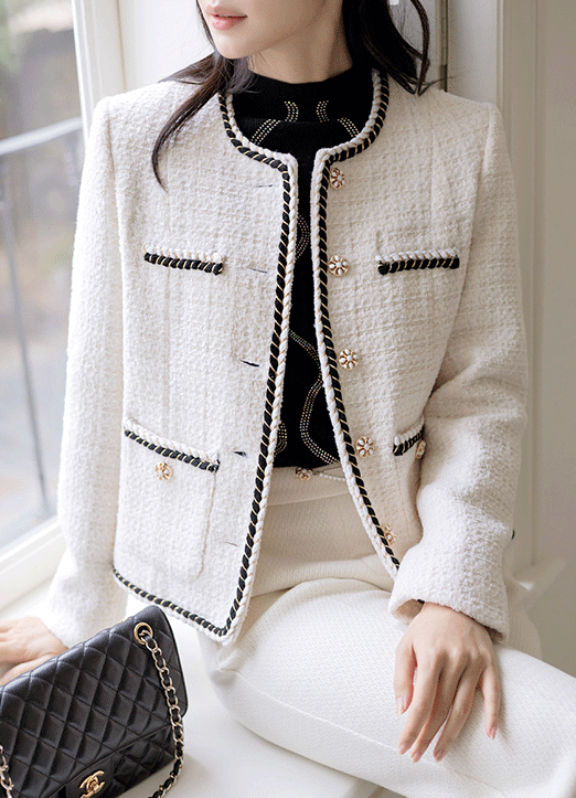 [LouisAngel] Wool30 Braided Trim Collarless Metallic Tweed Jacket