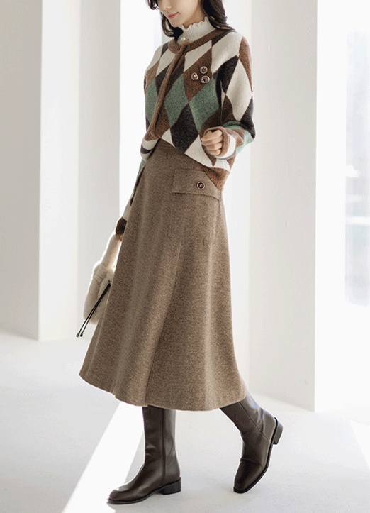 [LouisAngel] Wool Blended Side Big Pocket Front Slit Flare Skirt