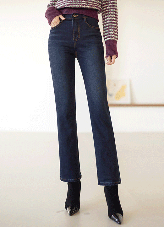 Mid Rise Elastic Waist Brushed-Lining Slim Straight Jeans