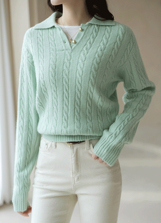 (4 Colors) Soft Warm Collared Cable Knit Top