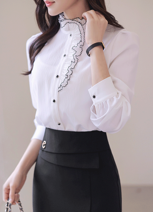 [LouisAngel] Double Layered Pleated Frill Mock-Neck Blouse