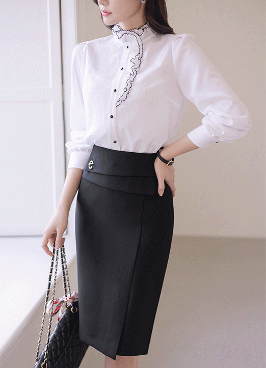 Layered Waist Diagonal Slit Front H-Line Skirt