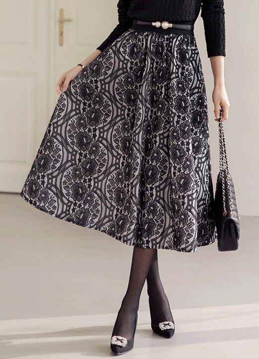 Elastic Waist Ethnic Floral Lace Flare Skirt