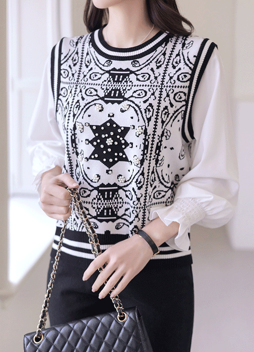 Ethnic Pattern Knit Vest Layered Look Blouse