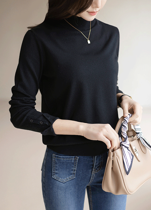 (7 Colors) Soft Touch Mock Neck Buttoned Sleeve Knit Top 