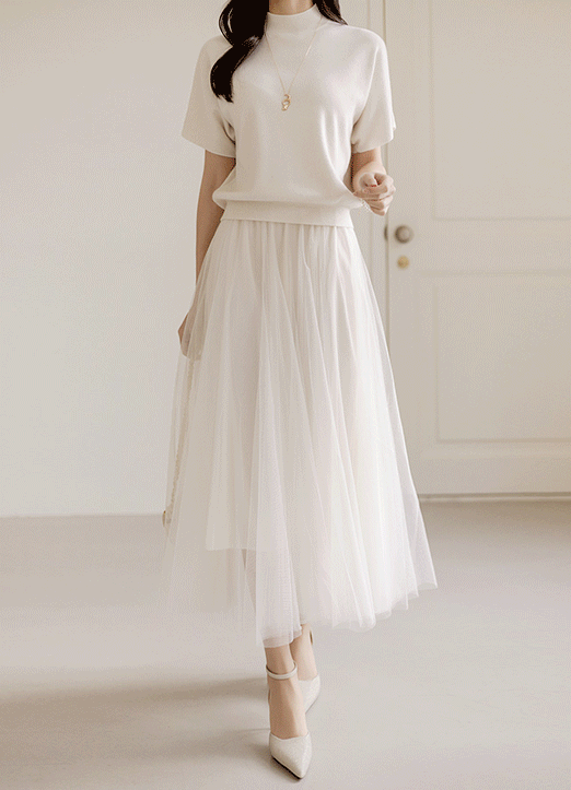 (4 Colors) Elastic Waist Double Layered Maxi Tulle Skirt