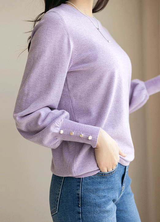 (11 Colors) Button Puff Sleeve Round Neck Knit Top 