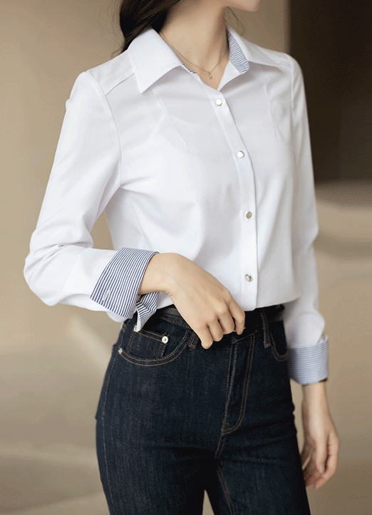 [LouisAngel] Stripe-Cuff Detail Silver Button Stretch Shirt