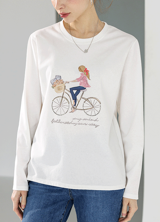 [The Onme] Sequinned Lettering Girl on a Bike T-Shirt
