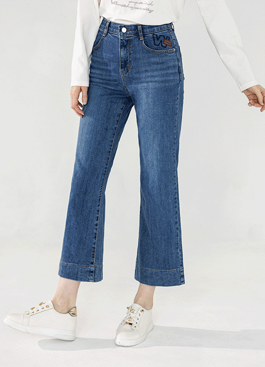 [The Onme] Elastic Waist Embroidered W Point Wide Jeans