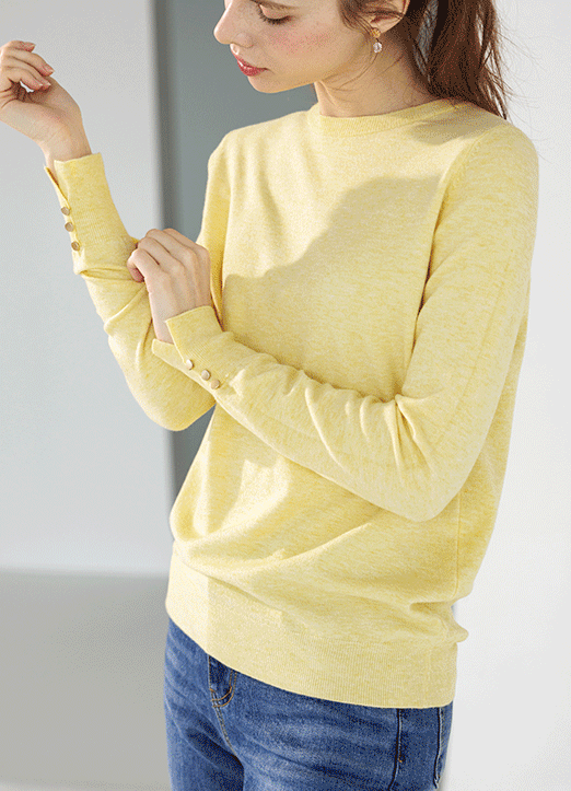 [The Onme] (12 Colors) Gold Button Slit Cuff Round Neck Knit Top